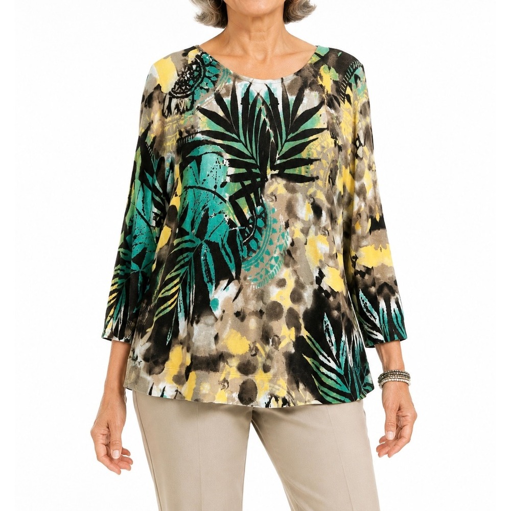 Chicos Tropical Palm Leaf Print Sweater Womens 2 Large 3/4 Sleeve Cotton Rayon